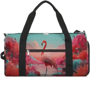 Sport Gym Duffel with Shoe Compartment Wet Pocket, Flamingo-cartoon-print Shoulder Travel Bag for Women Men
