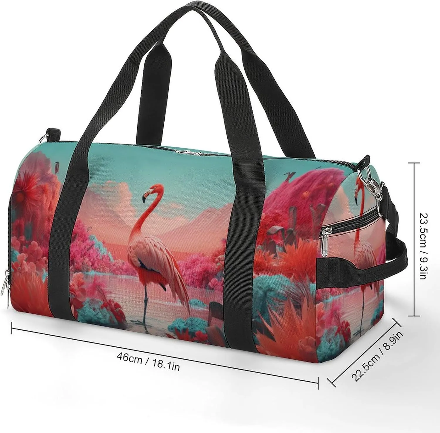 Sport Gym Duffel with Shoe Compartment Wet Pocket, Flamingo-cartoon-print Shoulder Travel Bag for Women Men