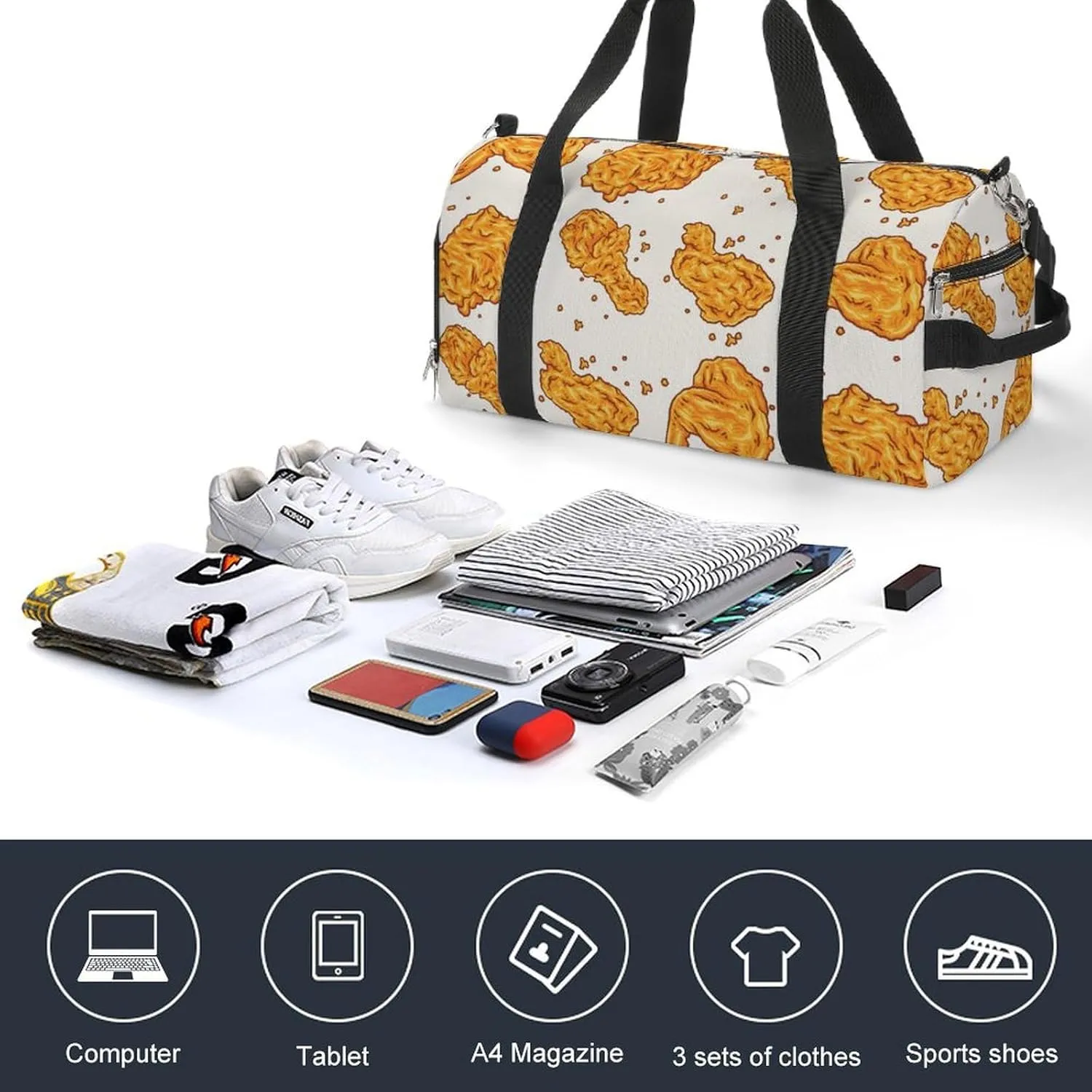 Sport Gym Duffel with Shoe Compartment Wet Pocket, Fried-chicken-pattern Shoulder Travel Bag for Women Men, style-1
