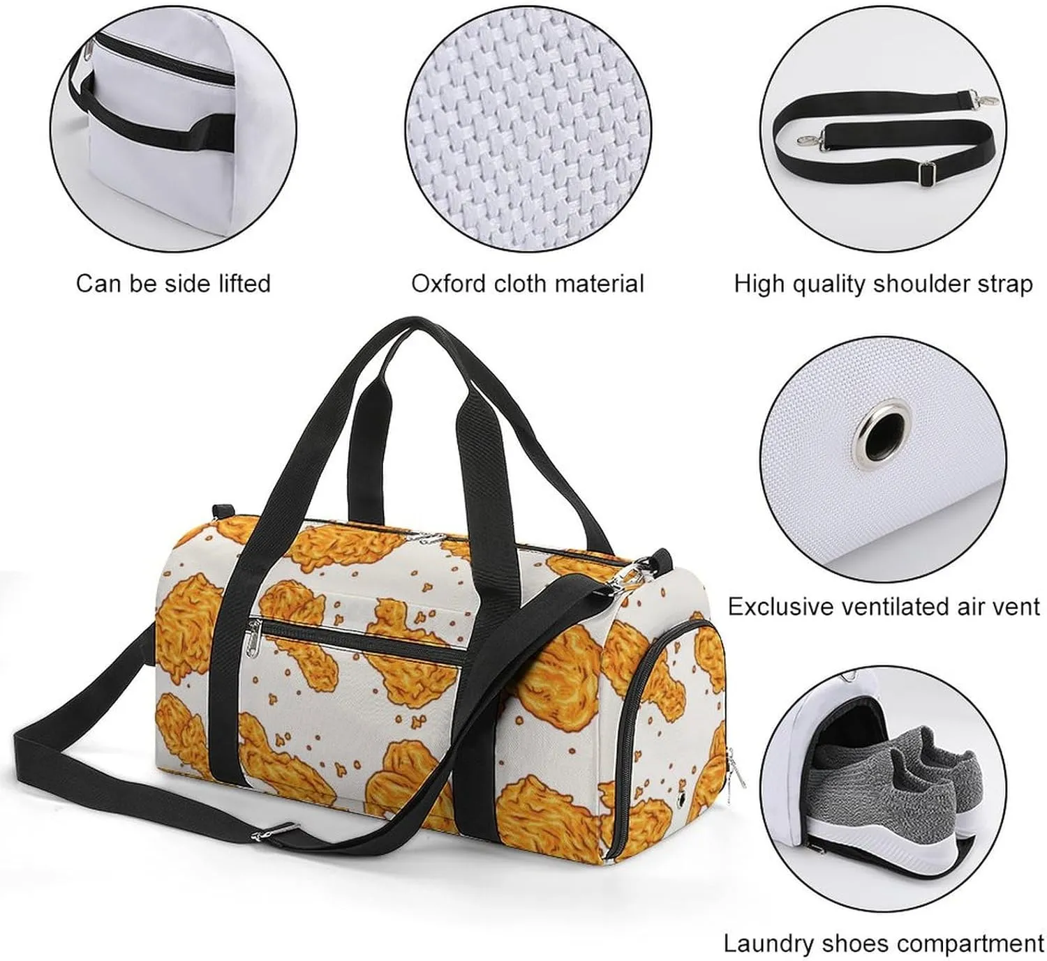 Sport Gym Duffel with Shoe Compartment Wet Pocket, Fried-chicken-pattern Shoulder Travel Bag for Women Men, style-1