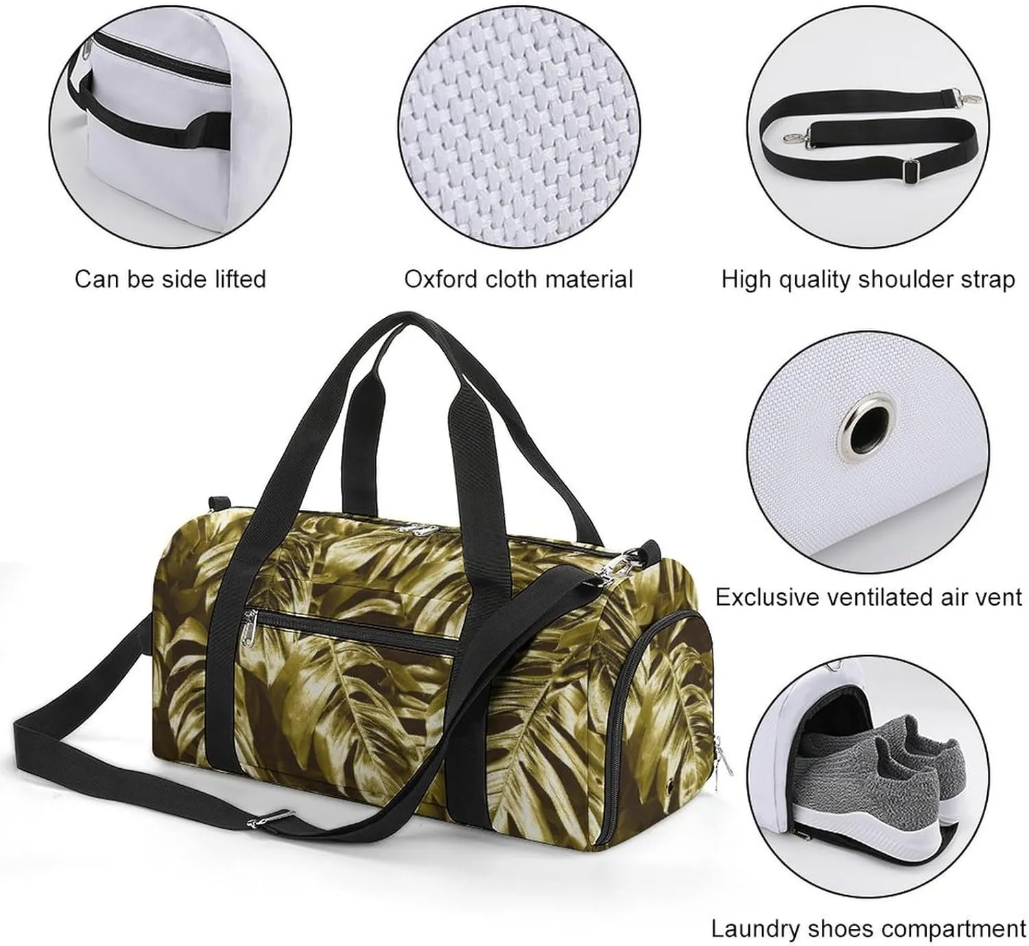 Sport Gym Duffel with Shoe Compartment Wet Pocket, Gold-leaves-background Shoulder Travel Bag for Women Men, style-4