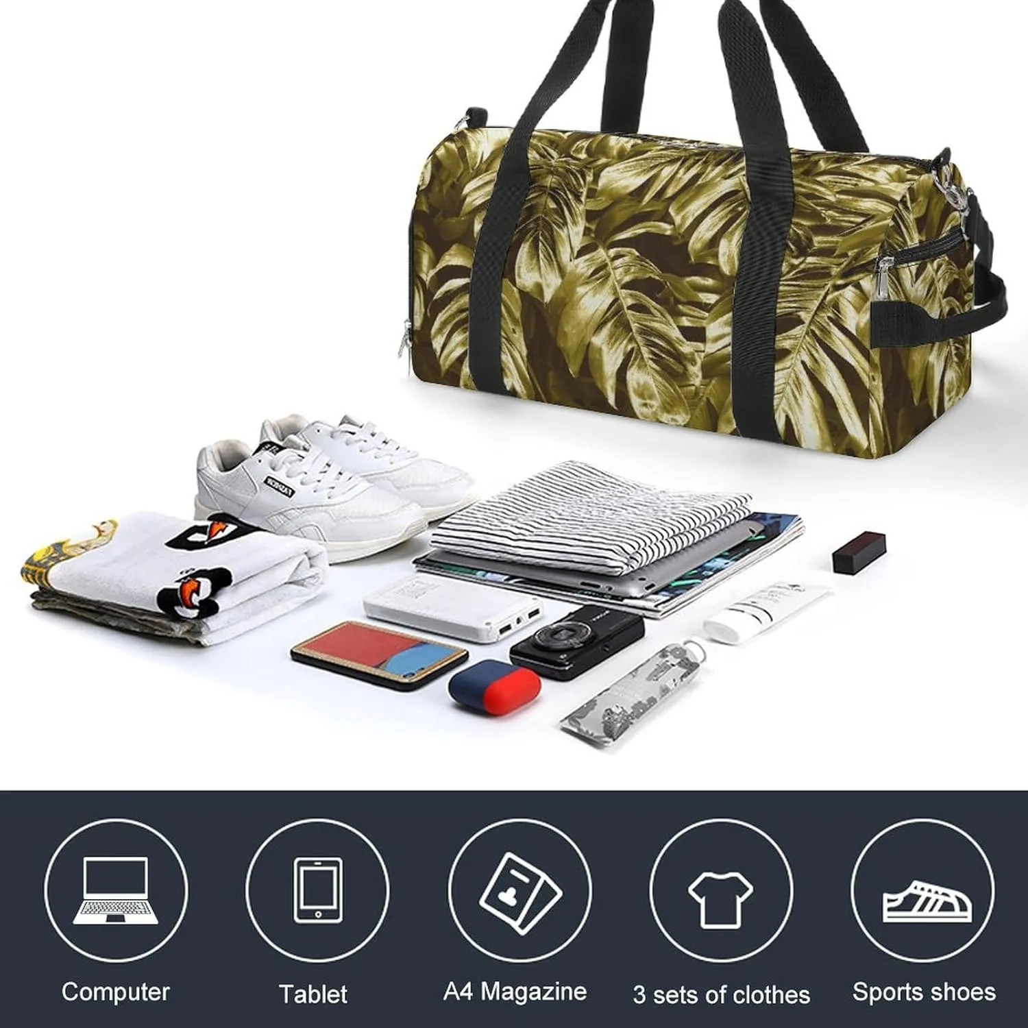 Sport Gym Duffel with Shoe Compartment Wet Pocket, Gold-leaves-background Shoulder Travel Bag for Women Men, style-4