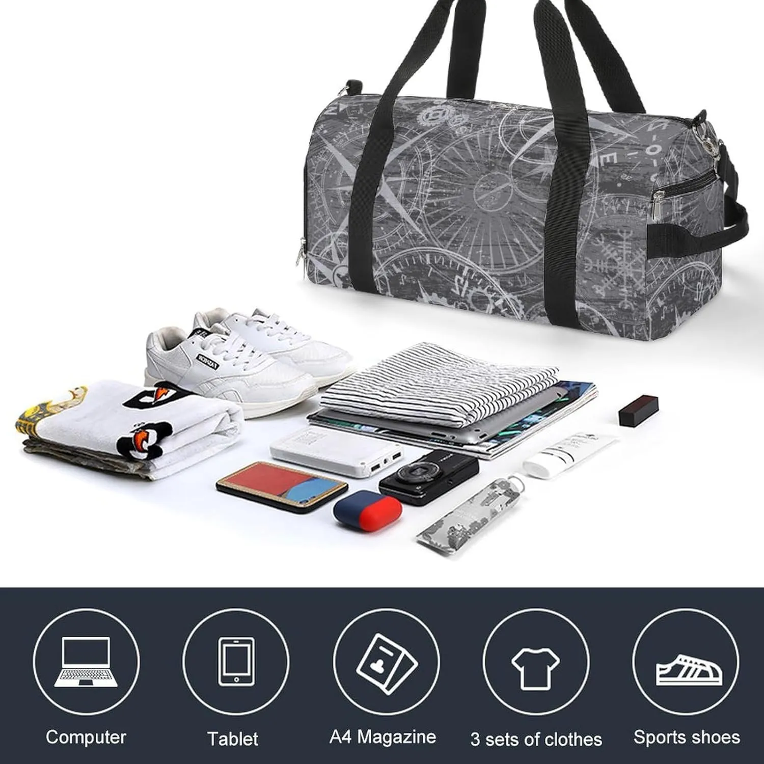 Sport Gym Duffel with Shoe Compartment Wet Pocket, Grunge-white-print Shoulder Travel Bag for Women Men