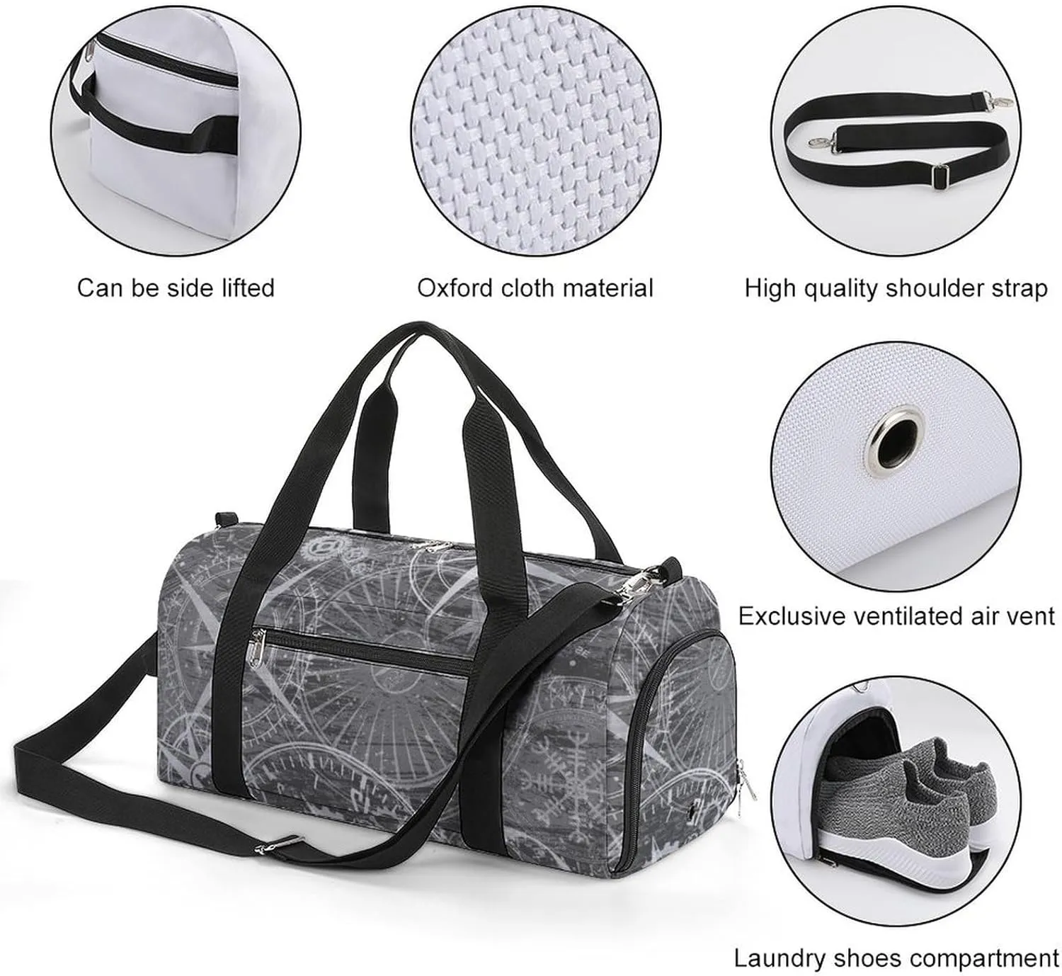 Sport Gym Duffel with Shoe Compartment Wet Pocket, Grunge-white-print Shoulder Travel Bag for Women Men