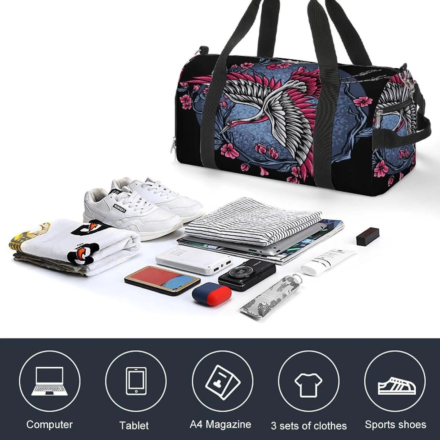 Sport Gym Duffel with Shoe Compartment Wet Pocket, Japanese-flying-cranes-print Shoulder Travel Bag for Women Men