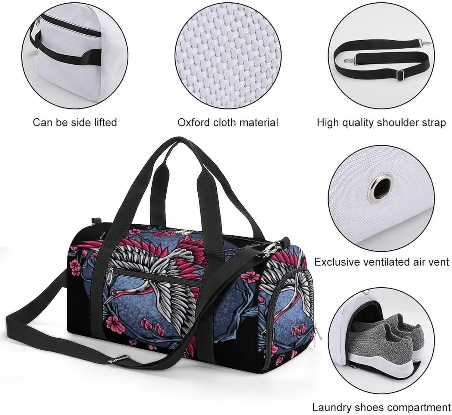 Sport Gym Duffel with Shoe Compartment Wet Pocket, Japanese-flying-cranes-print Shoulder Travel Bag for Women Men