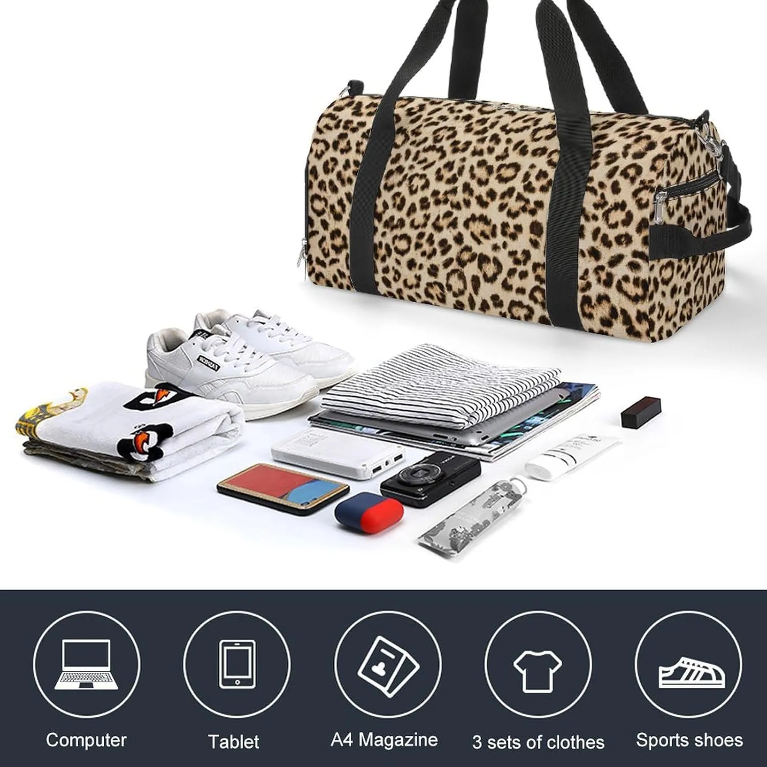 Sport Gym Duffel with Shoe Compartment Wet Pocket, Leopard-skin-texture Shoulder Travel Bag for Women Men
