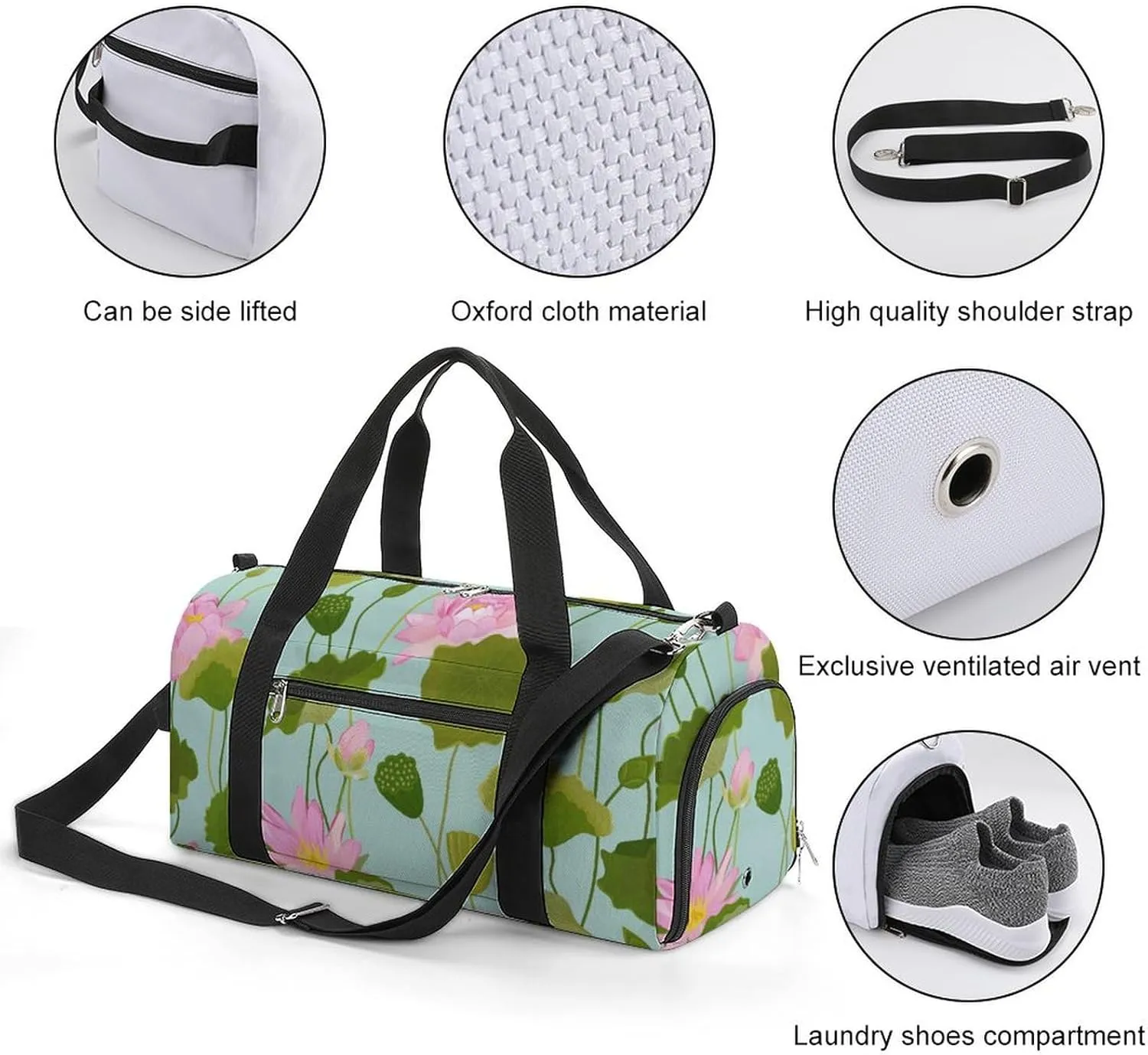 Sport Gym Duffel with Shoe Compartment Wet Pocket, Lotus-flowers-leaves-retro Shoulder Travel Bag for Women Men