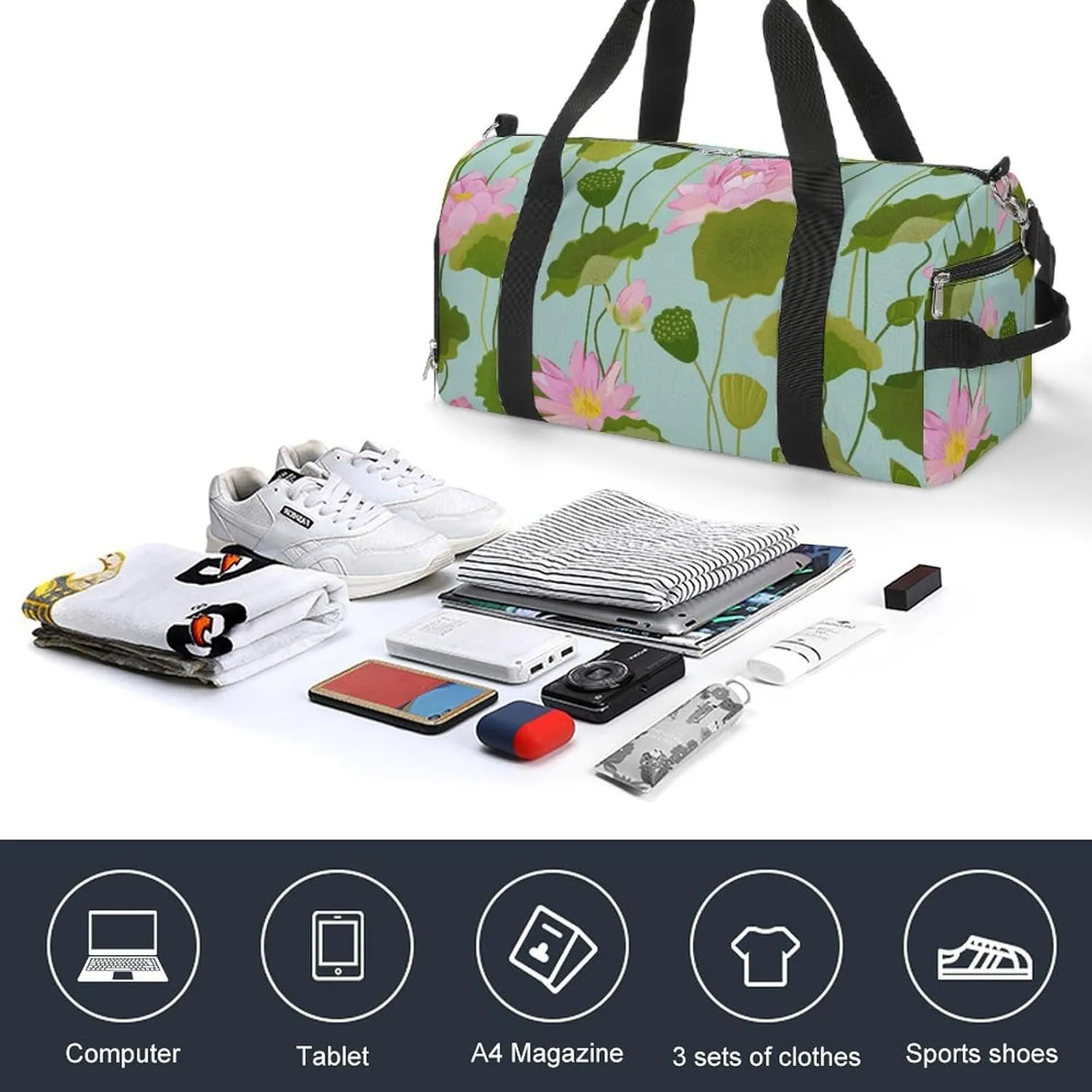 Sport Gym Duffel with Shoe Compartment Wet Pocket, Lotus-flowers-leaves-retro Shoulder Travel Bag for Women Men
