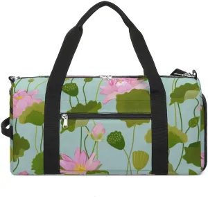Sport Gym Duffel with Shoe Compartment Wet Pocket, Lotus-flowers-leaves-retro Shoulder Travel Bag for Women Men