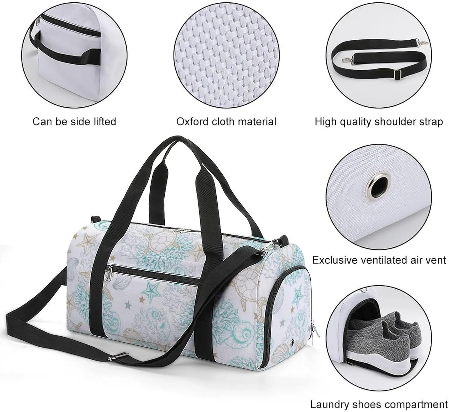 Sport Gym Duffel with Shoe Compartment Wet Pocket, Marines-shells Shoulder Travel Bag for Women Men, style-3