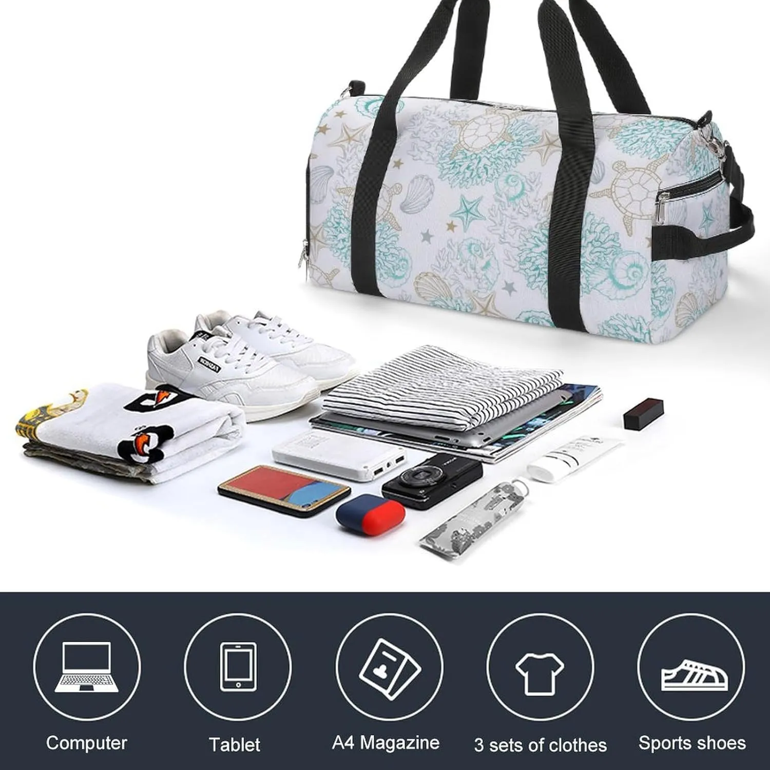 Sport Gym Duffel with Shoe Compartment Wet Pocket, Marines-shells Shoulder Travel Bag for Women Men, style-3