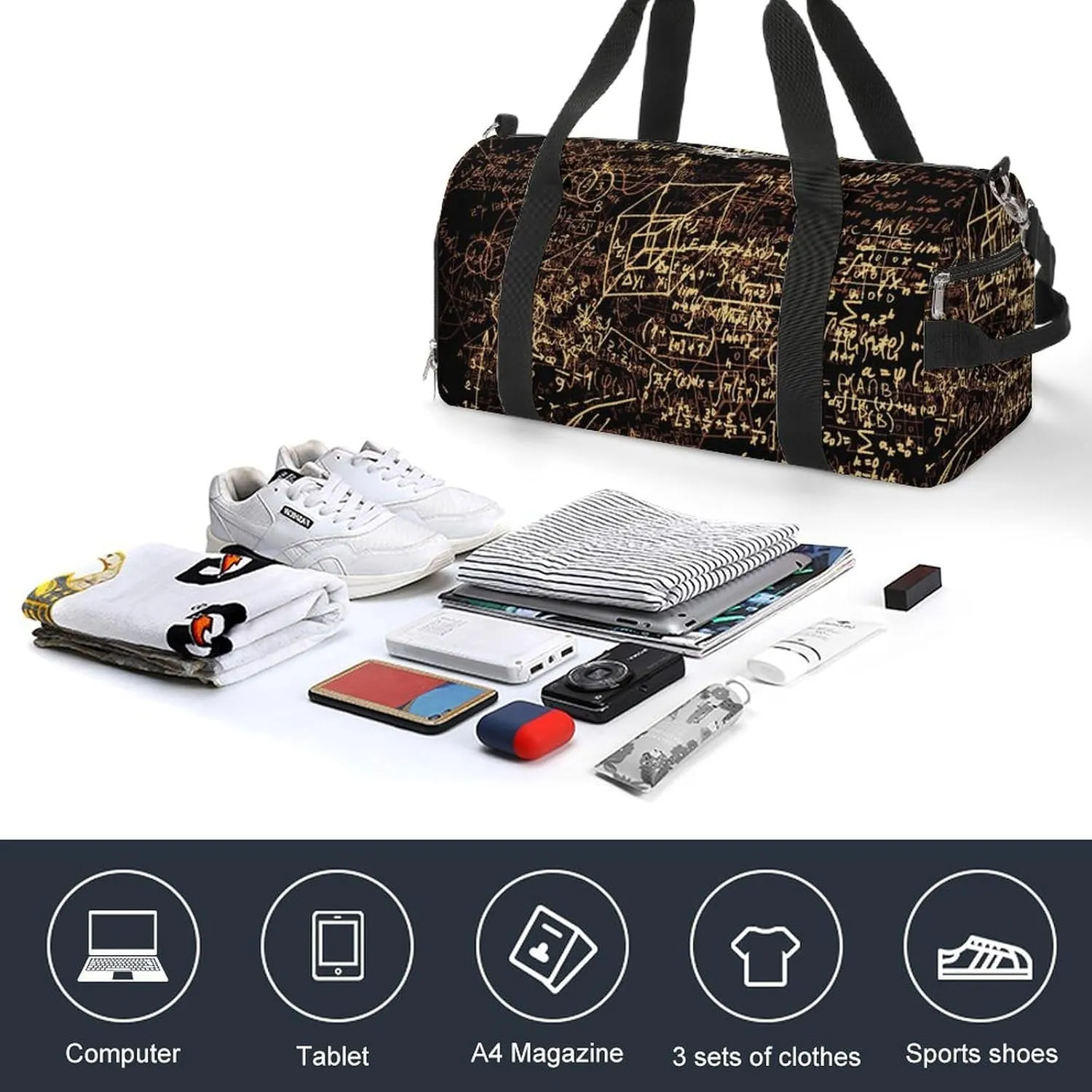 Sport Gym Duffel with Shoe Compartment Wet Pocket, Mathematical-formulas Print Shoulder Travel Bag for Women Men, style-1