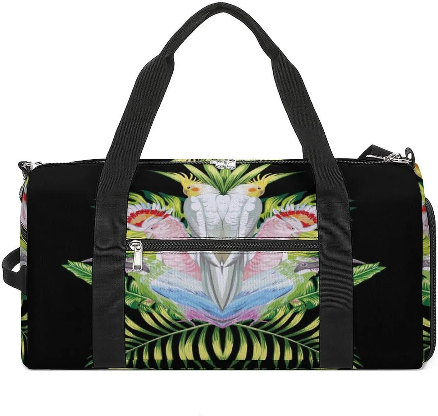 Sport Gym Duffel with Shoe Compartment Wet Pocket, Parrot-tropical-leaves-black Shoulder Travel Bag for Women Men