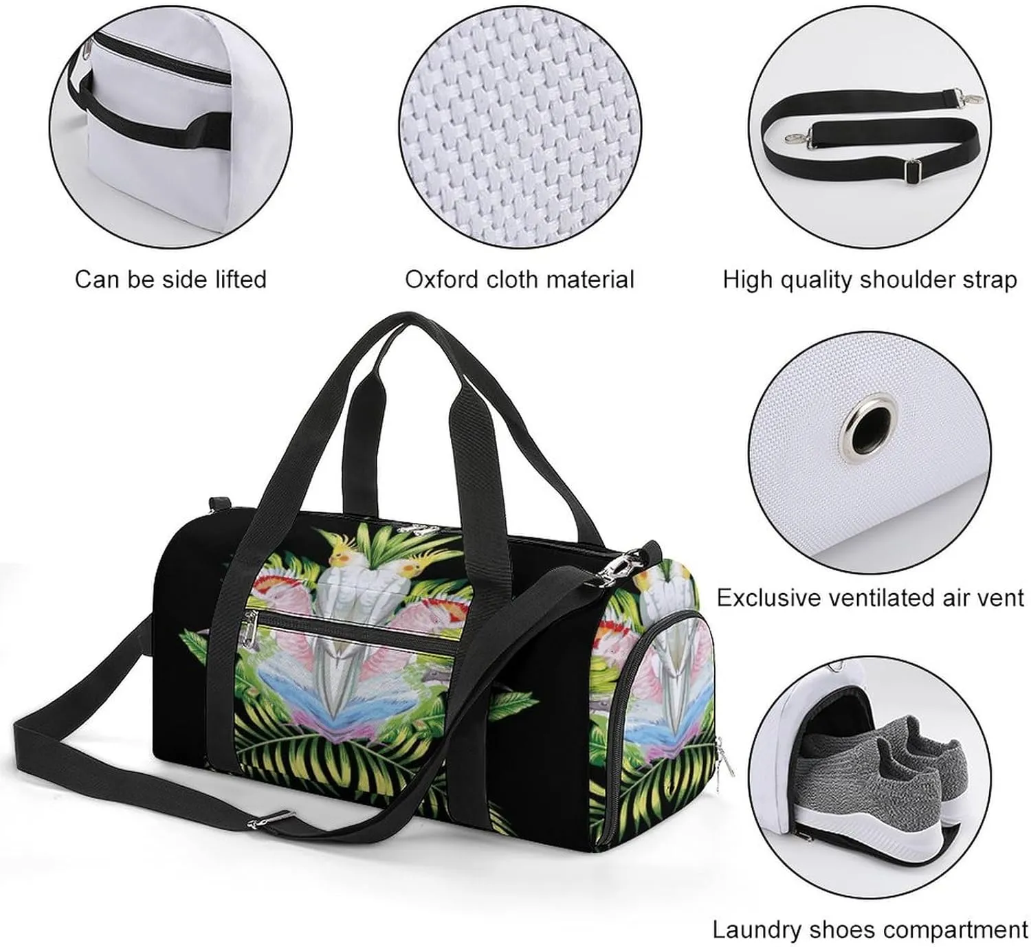 Sport Gym Duffel with Shoe Compartment Wet Pocket, Parrot-tropical-leaves-black Shoulder Travel Bag for Women Men