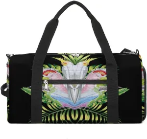Sport Gym Duffel with Shoe Compartment Wet Pocket, Parrot-tropical-leaves-black Shoulder Travel Bag for Women Men