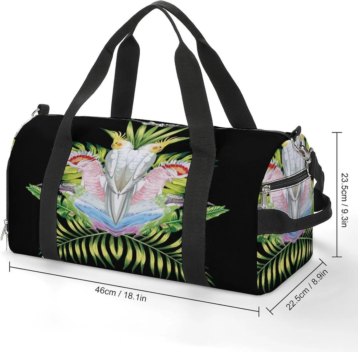 Sport Gym Duffel with Shoe Compartment Wet Pocket, Parrot-tropical-leaves-black Shoulder Travel Bag for Women Men