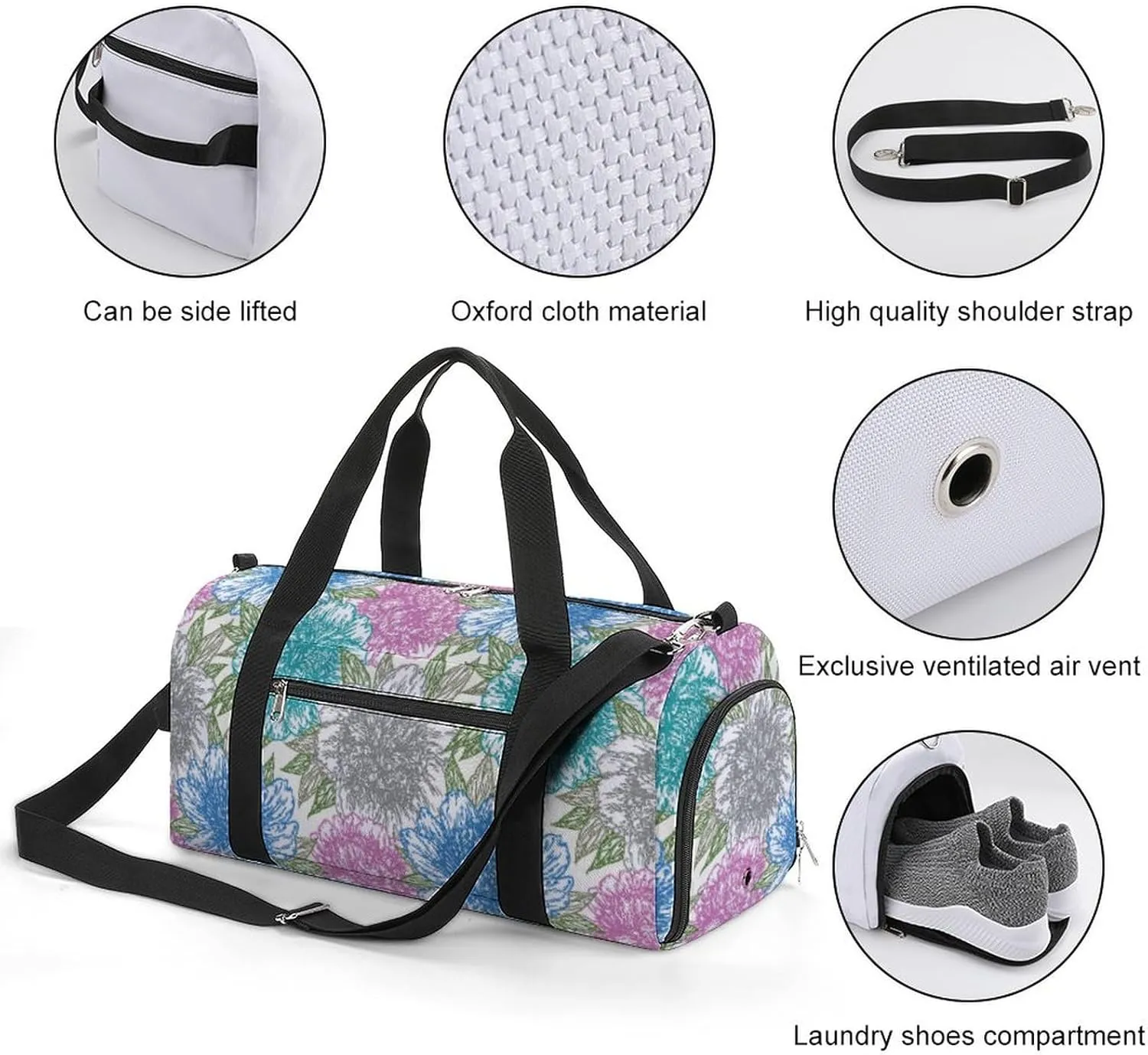 Sport Gym Duffel with Shoe Compartment Wet Pocket, Peony-flowers-lines Shoulder Travel Bag for Women Men