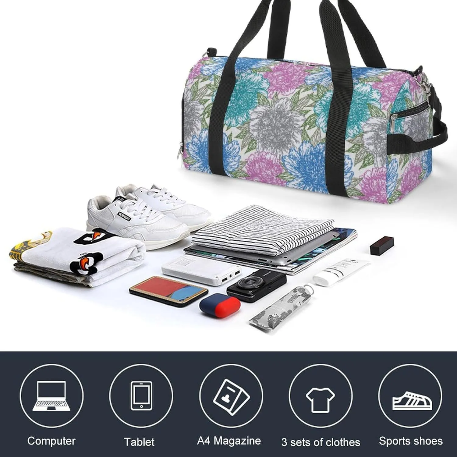 Sport Gym Duffel with Shoe Compartment Wet Pocket, Peony-flowers-lines Shoulder Travel Bag for Women Men