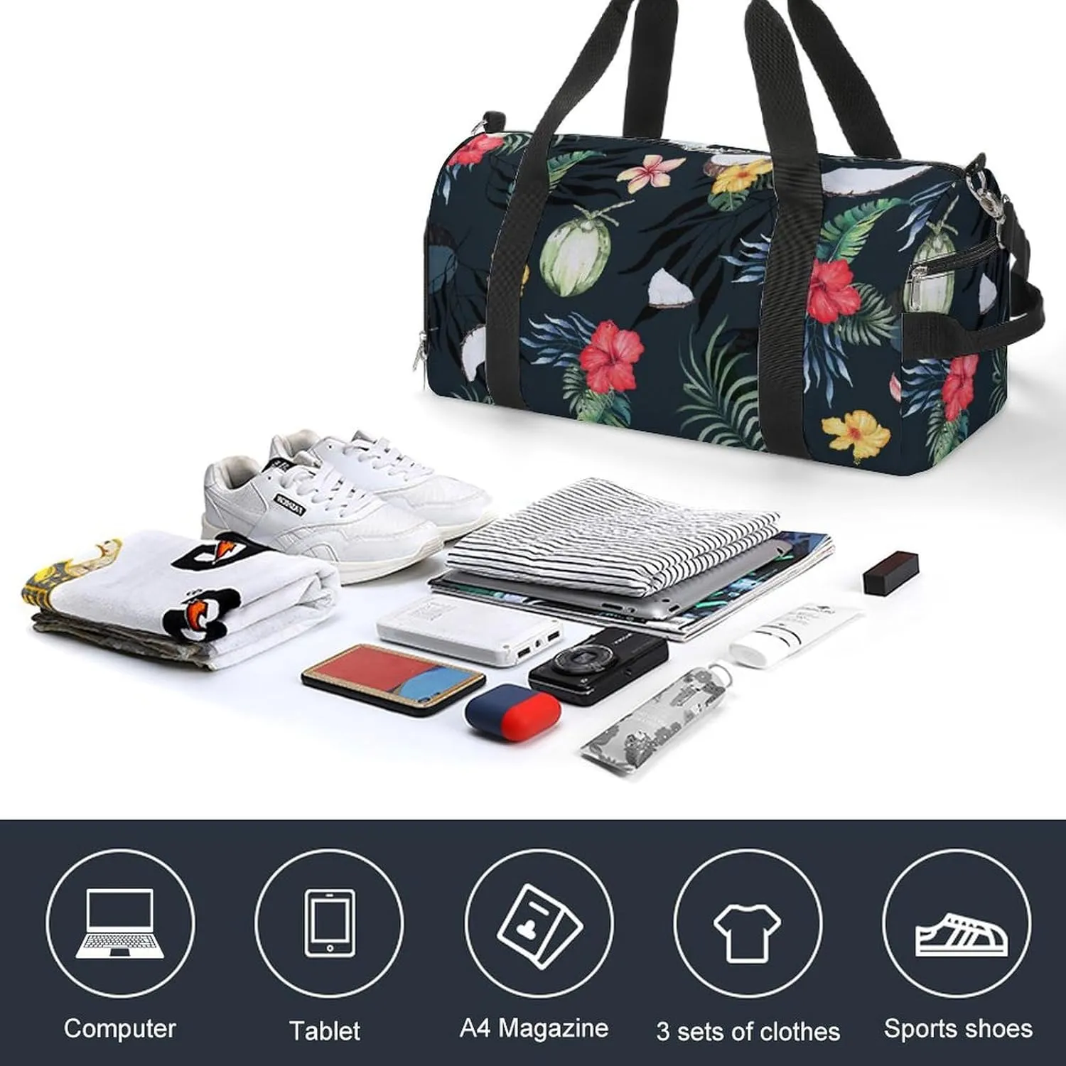 Sport Gym Duffel with Shoe Compartment Wet Pocket, Plumeria-flower-coconut-print Shoulder Travel Bag for Women Men, style-4