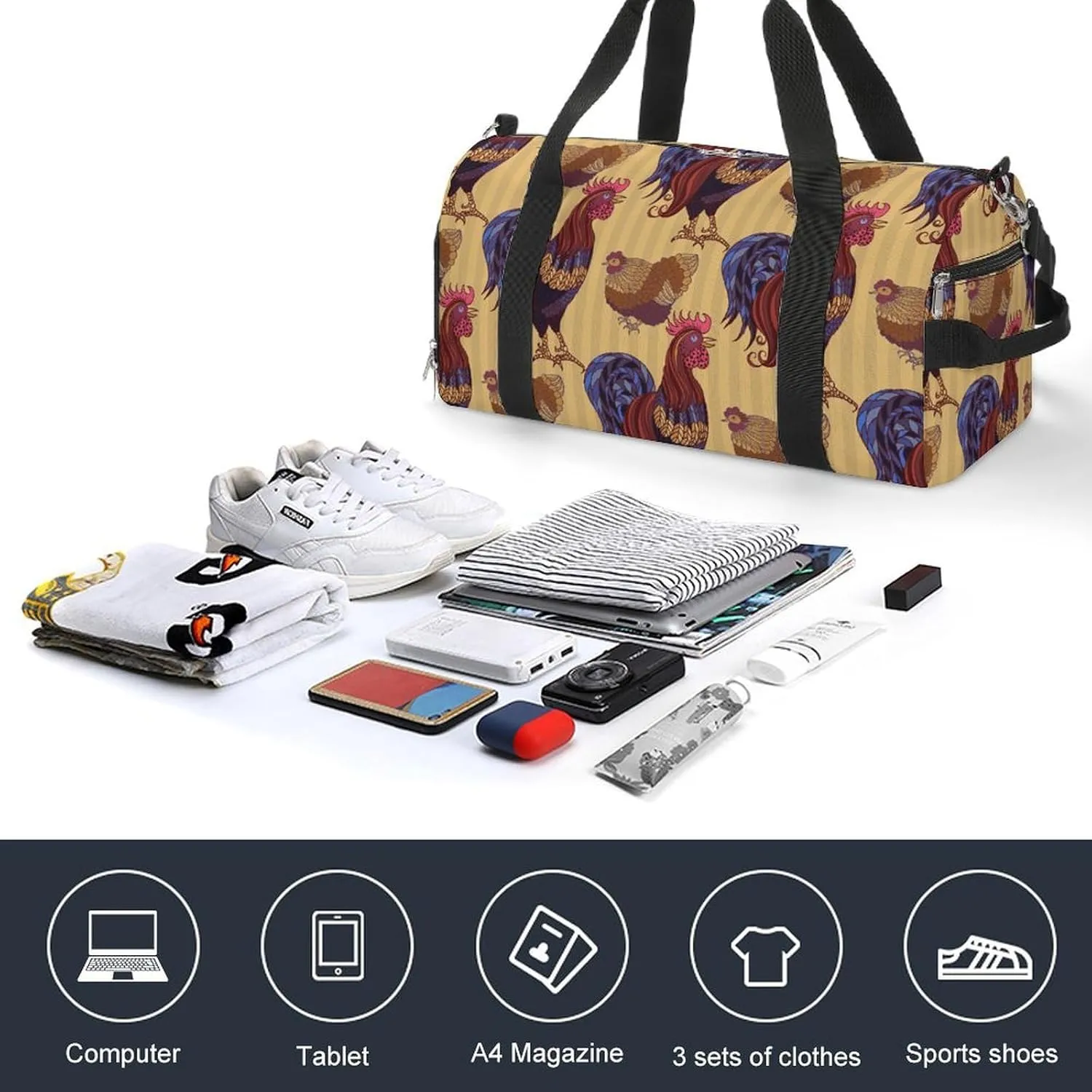 Sport Gym Duffel with Shoe Compartment Wet Pocket, Rooster-hens-chickens-texture Shoulder Travel Bag for Women Men