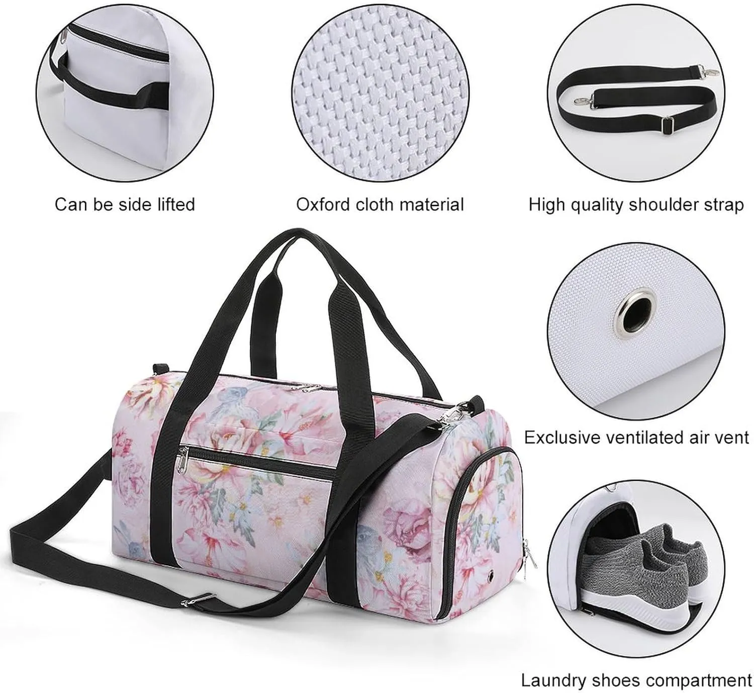 Sport Gym Duffel with Shoe Compartment Wet Pocket, Rose-flora-print Shoulder Travel Bag for Women Men