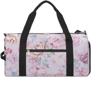 Sport Gym Duffel with Shoe Compartment Wet Pocket, Rose-flora-print Shoulder Travel Bag for Women Men