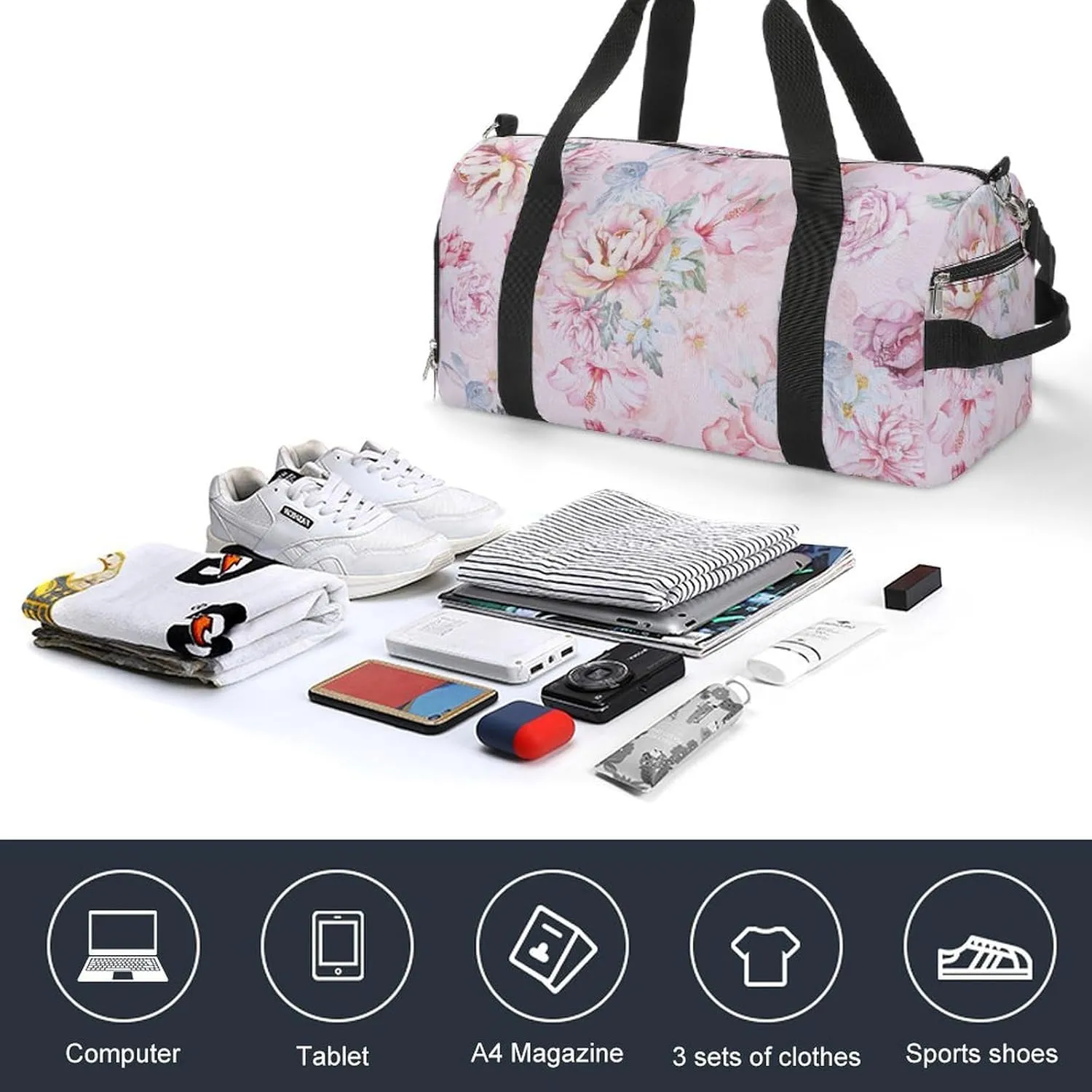 Sport Gym Duffel with Shoe Compartment Wet Pocket, Rose-flora-print Shoulder Travel Bag for Women Men