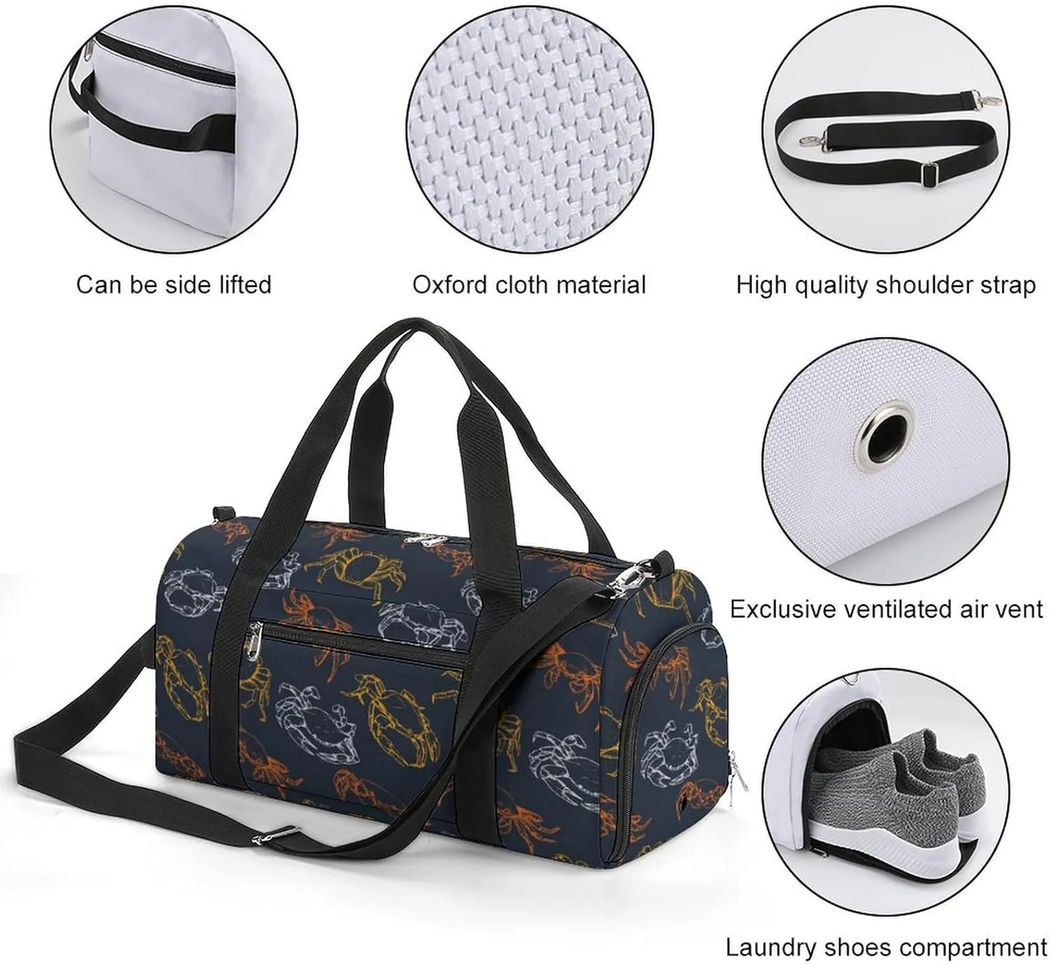 Sport Gym Duffel with Shoe Compartment Wet Pocket, Sea-crabs-print Shoulder Travel Bag for Women Men, style-1