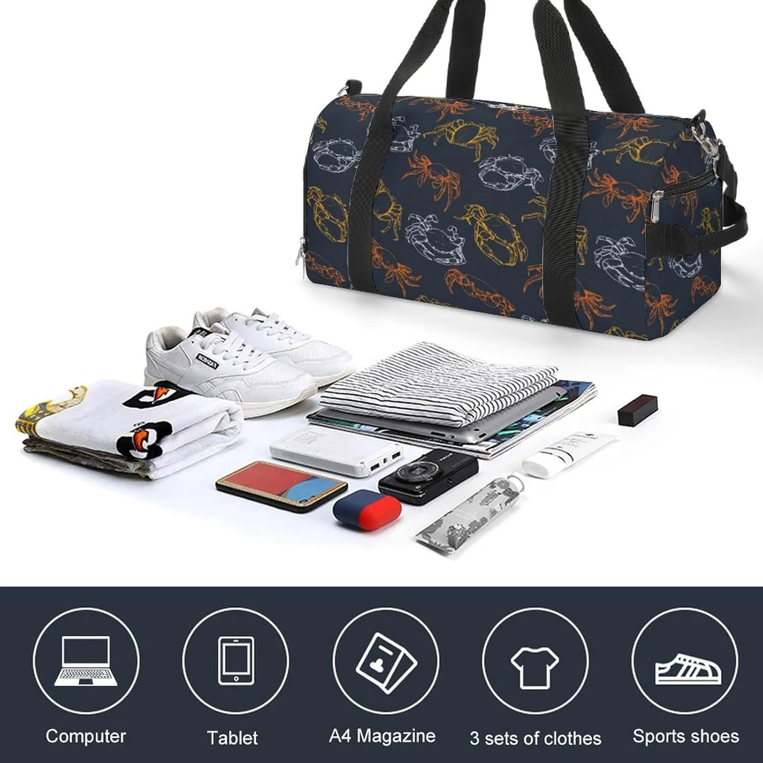 Sport Gym Duffel with Shoe Compartment Wet Pocket, Sea-crabs-print Shoulder Travel Bag for Women Men, style-1