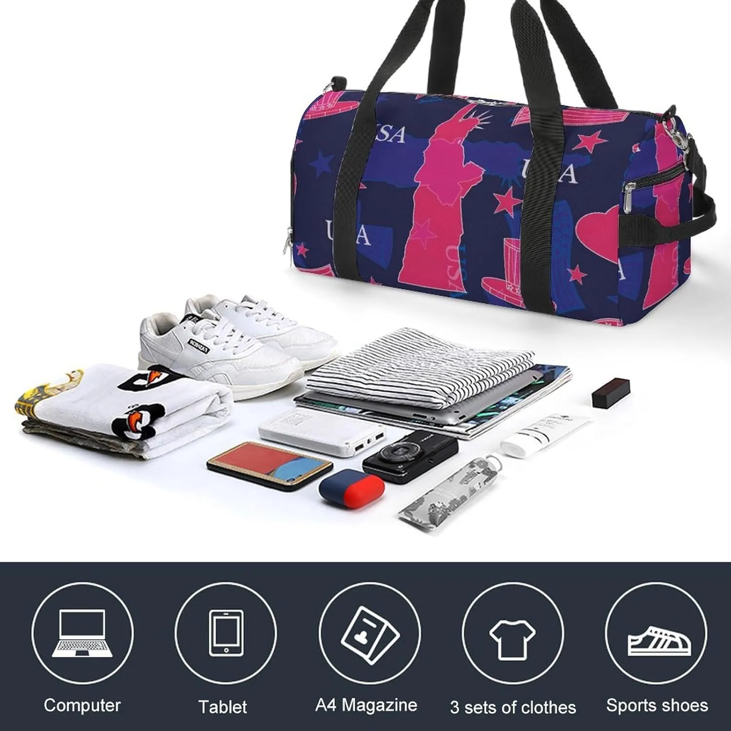 Sport Gym Duffel with Shoe Compartment Wet Pocket, Statue-liberty-stars Shoulder Travel Bag for Women Men, style-2