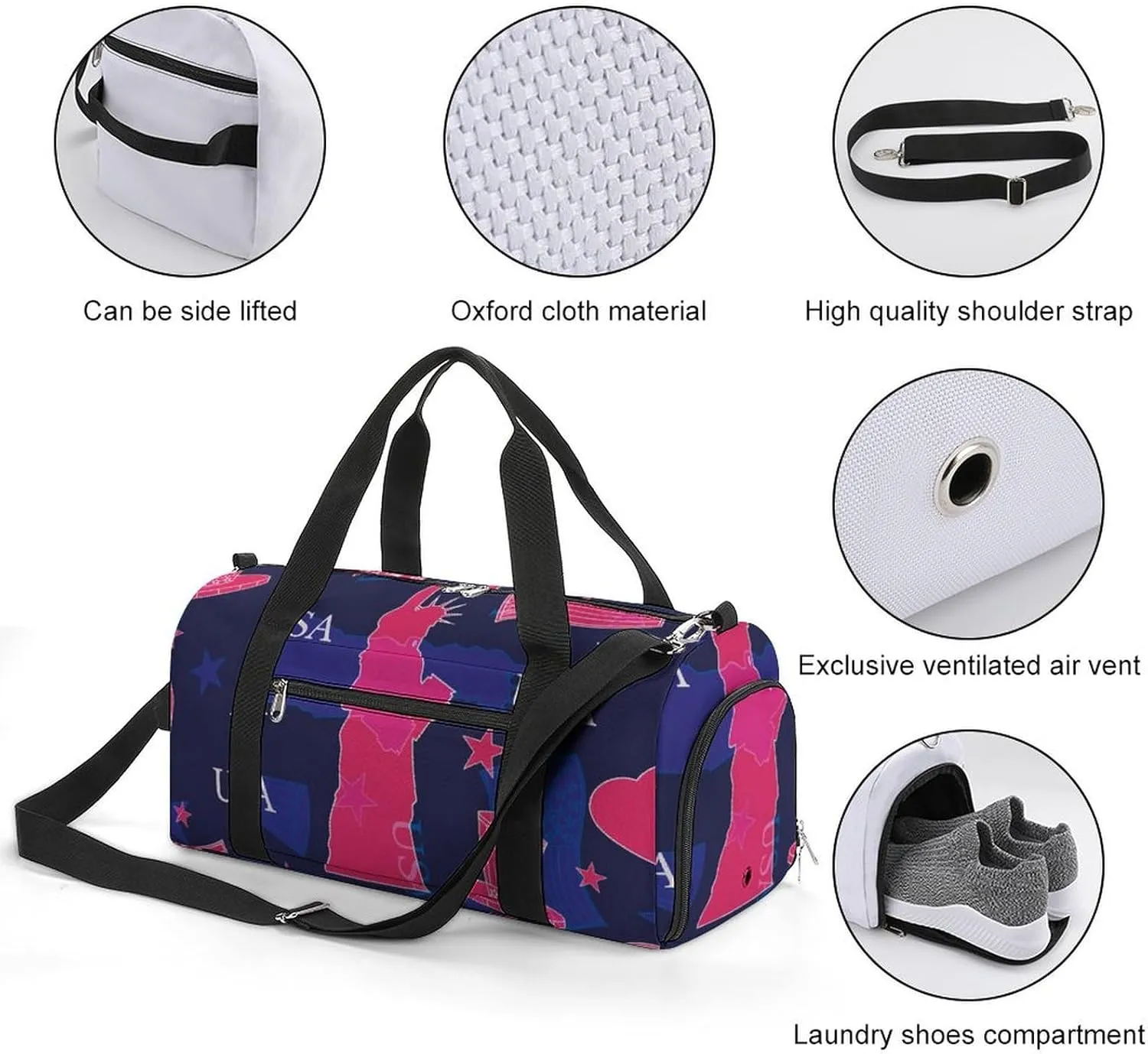 Sport Gym Duffel with Shoe Compartment Wet Pocket, Statue-liberty-stars Shoulder Travel Bag for Women Men, style-2