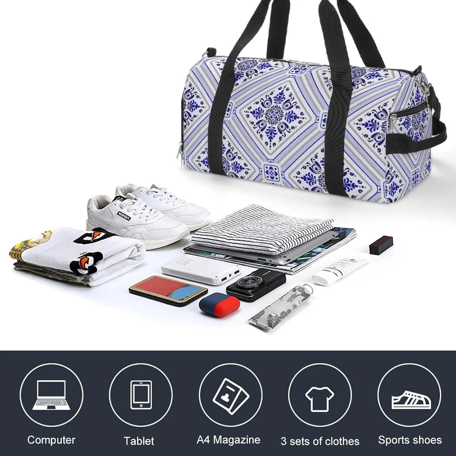 Sport Gym Duffel with Shoe Compartment Wet Pocket, Tile-blue Print Shoulder Travel Bag for Women Men, style-1