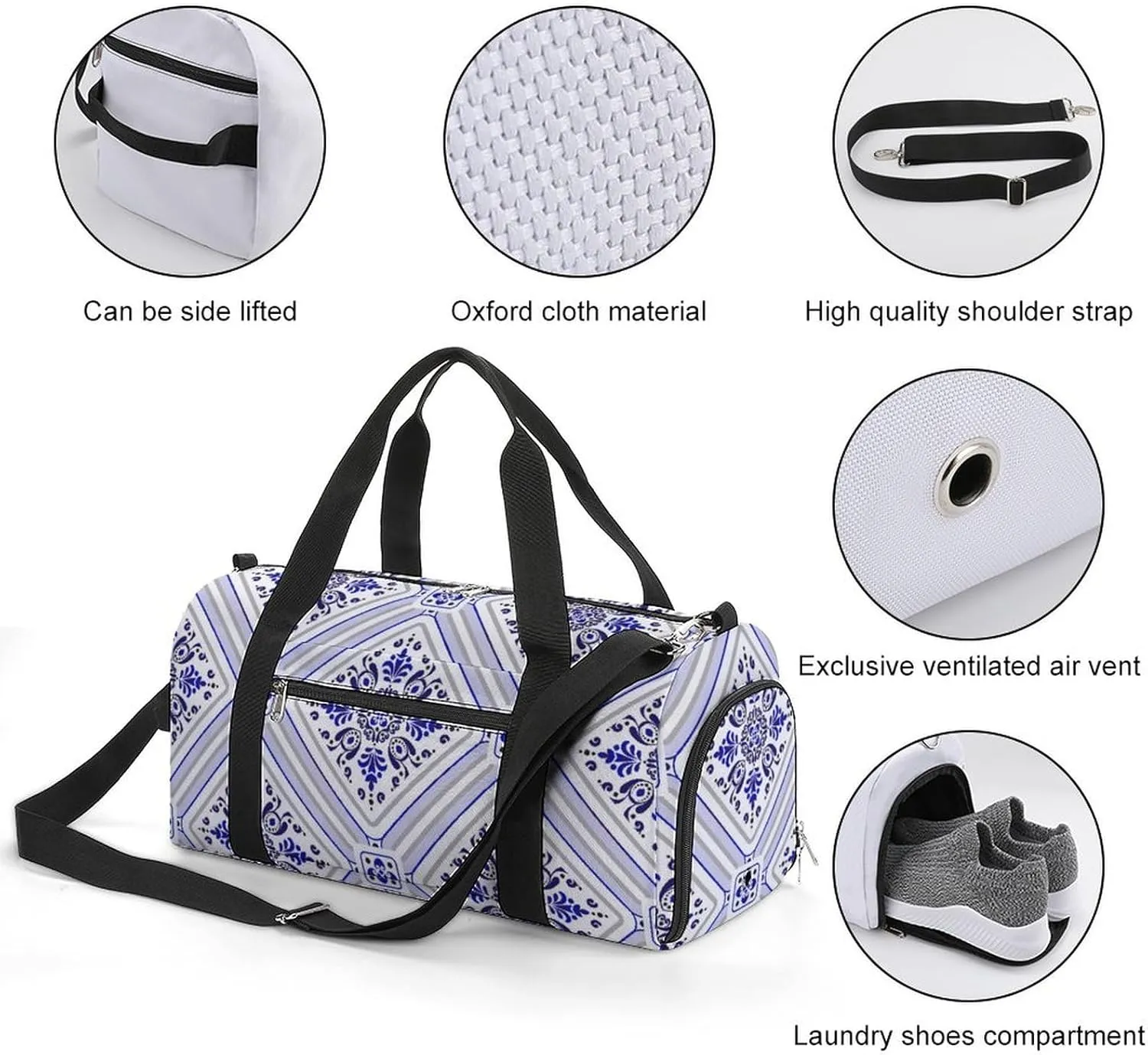 Sport Gym Duffel with Shoe Compartment Wet Pocket, Tile-blue Print Shoulder Travel Bag for Women Men, style-1
