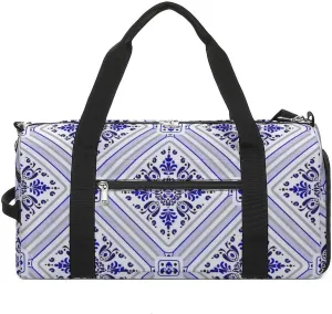 Sport Gym Duffel with Shoe Compartment Wet Pocket, Tile-blue Print Shoulder Travel Bag for Women Men, style-1