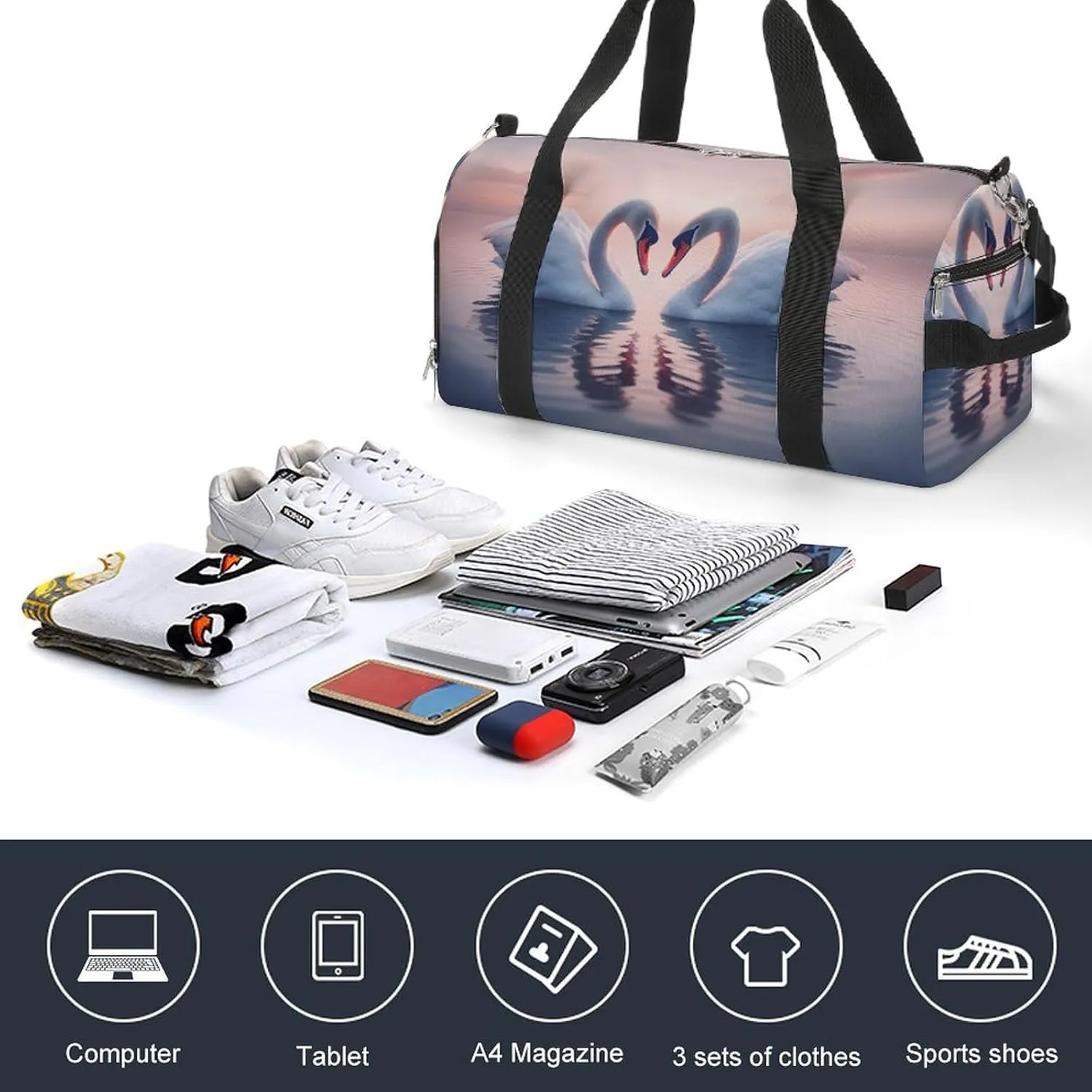 Sport Gym Duffel with Shoe Compartment Wet Pocket, Two-swans-water Shoulder Travel Bag for Women Men