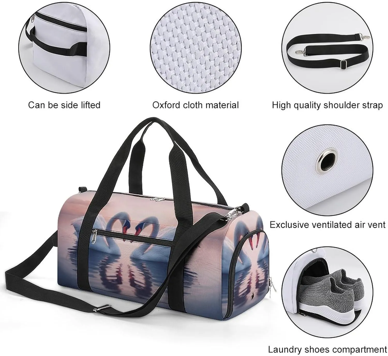 Sport Gym Duffel with Shoe Compartment Wet Pocket, Two-swans-water Shoulder Travel Bag for Women Men