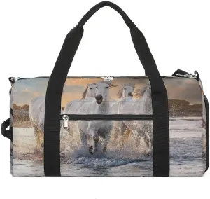 Sport Gym Duffel with Shoe Compartment Wet Pocket, White-horse Shoulder Travel Bag for Women Men