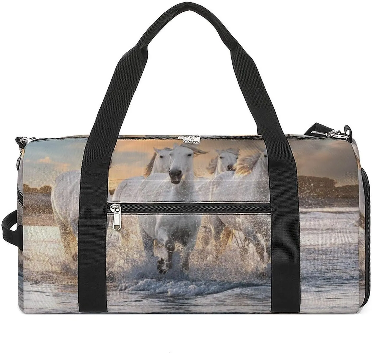 Sport Gym Duffel with Shoe Compartment Wet Pocket, White-horse Shoulder Travel Bag for Women Men