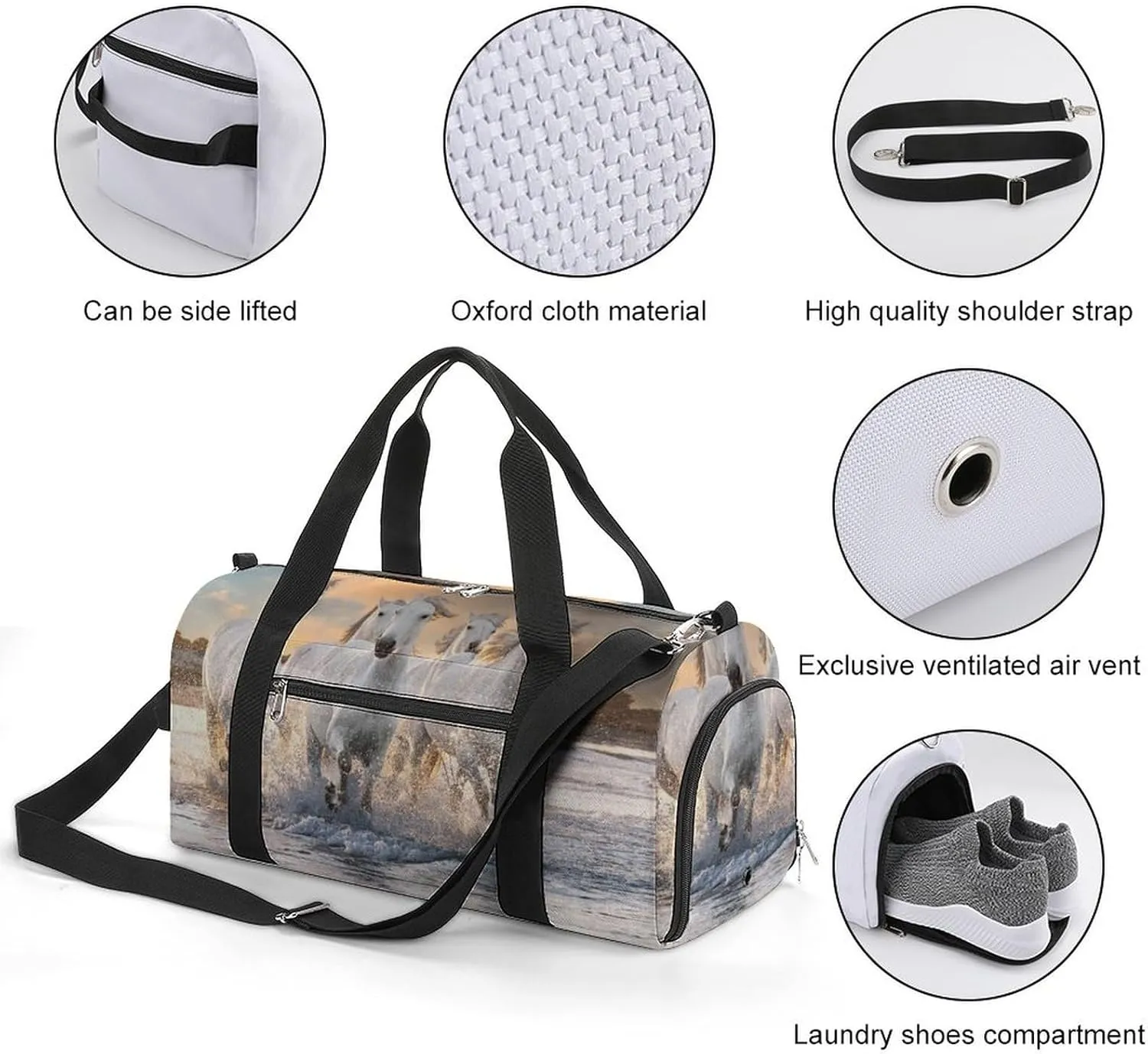 Sport Gym Duffel with Shoe Compartment Wet Pocket, White-horse Shoulder Travel Bag for Women Men