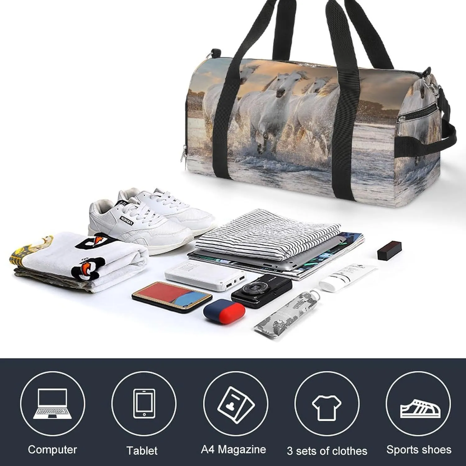 Sport Gym Duffel with Shoe Compartment Wet Pocket, White-horse Shoulder Travel Bag for Women Men