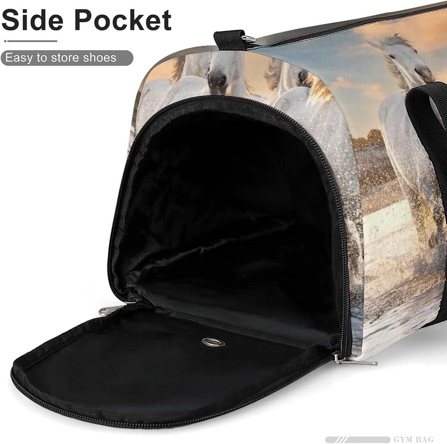 Sport Gym Duffel with Shoe Compartment Wet Pocket, White-horse Shoulder Travel Bag for Women Men
