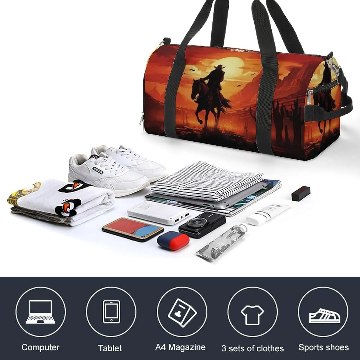 Sport Gym Duffel with Shoe Compartment Wet Pocket, Wild-west-cowboy-sunset Shoulder Travel Bag for Women Men