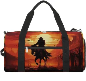 Sport Gym Duffel with Shoe Compartment Wet Pocket, Wild-west-cowboy-sunset Shoulder Travel Bag for Women Men