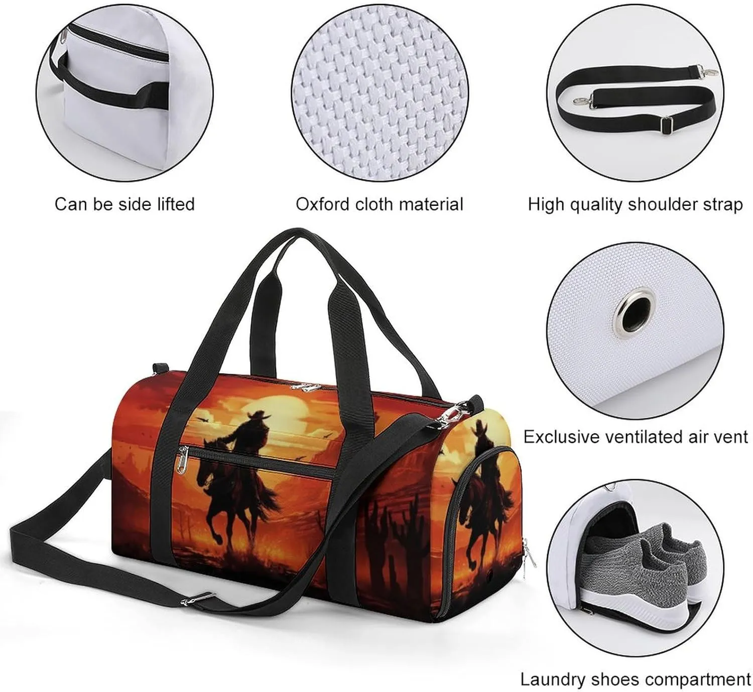 Sport Gym Duffel with Shoe Compartment Wet Pocket, Wild-west-cowboy-sunset Shoulder Travel Bag for Women Men