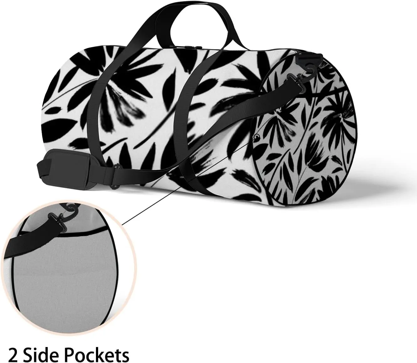 Sports Gym Bag for Women and Men Waterproof Black Hand Drawn Silhouettes of Spring Flowers Duffel Bag Lightweight Carryon Traveling Boarding Gripsack