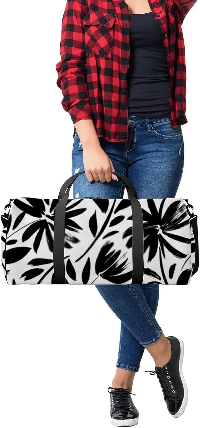 Sports Gym Bag for Women and Men Waterproof Black Hand Drawn Silhouettes of Spring Flowers Duffel Bag Lightweight Carryon Traveling Boarding Gripsack