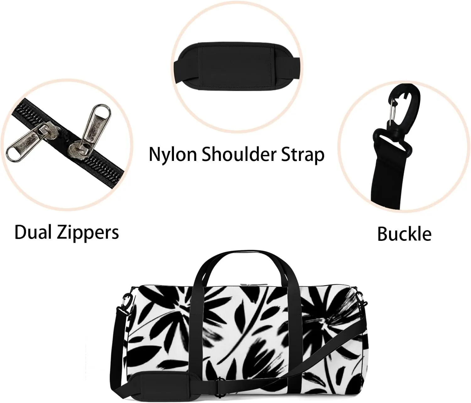 Sports Gym Bag for Women and Men Waterproof Black Hand Drawn Silhouettes of Spring Flowers Duffel Bag Lightweight Carryon Traveling Boarding Gripsack