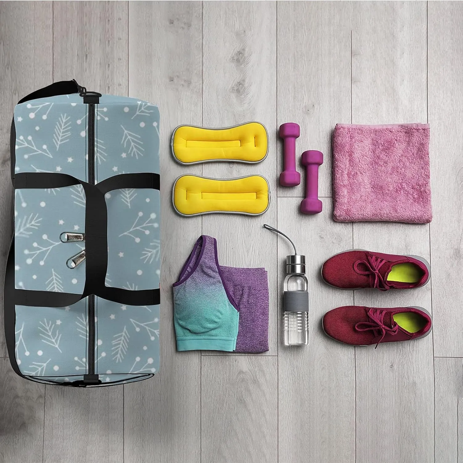 Sports Gym Bag for Women and Men Waterproof Christmas Spruce Branches Berries Stars Duffel Bag Lightweight Carryon Traveling Boarding Gripsack