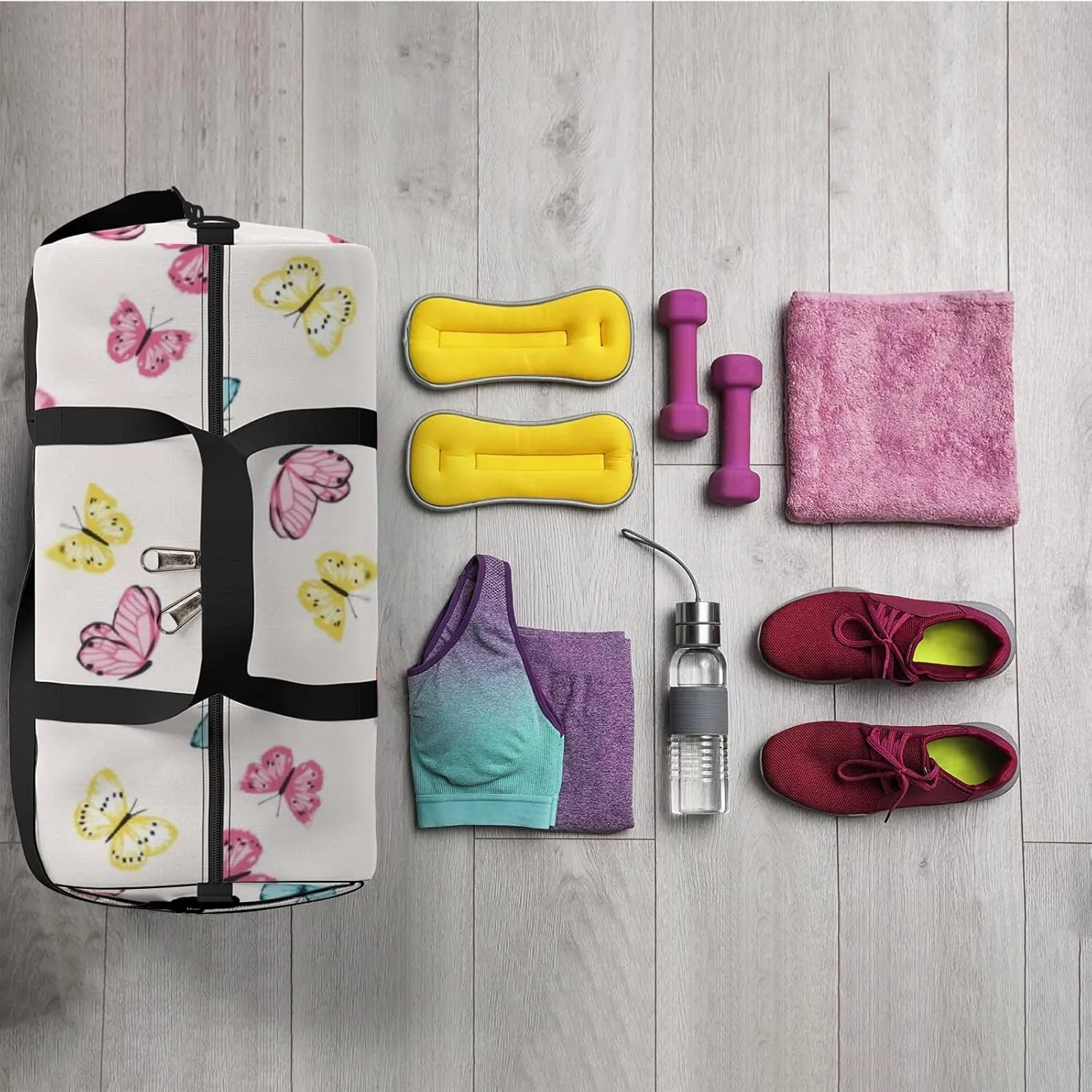 Sports Gym Bag for Women and Men Waterproof Colorful Butterfly Duffel Bag Lightweight Carryon Traveling Boarding Gripsack